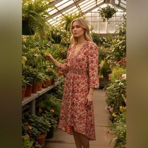 Lucky Brand Floral Midi Dress-Elastic Waist-V Neck-Pin Tucking Pleats-Size Small